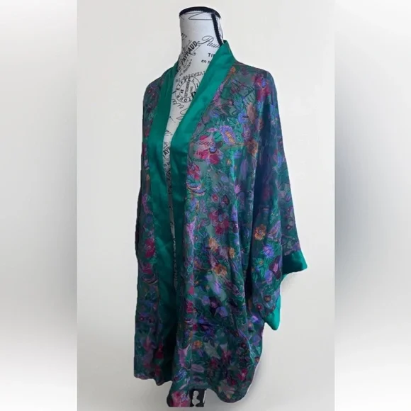 Vintage 90s Victoria's Secret Gold Label Green Floral Satin Sheer Kimono Robe OS - Picture 3 of 6